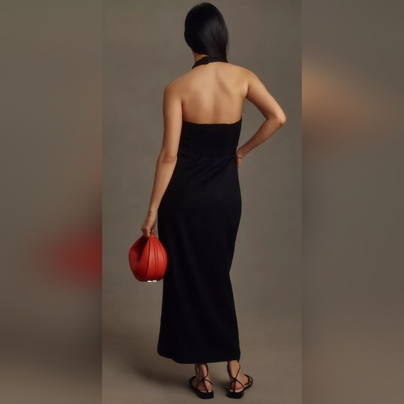 Anthropologie Linen Halter V-Neck Column Midi Dress Black Size Small - Picture 2 of 12